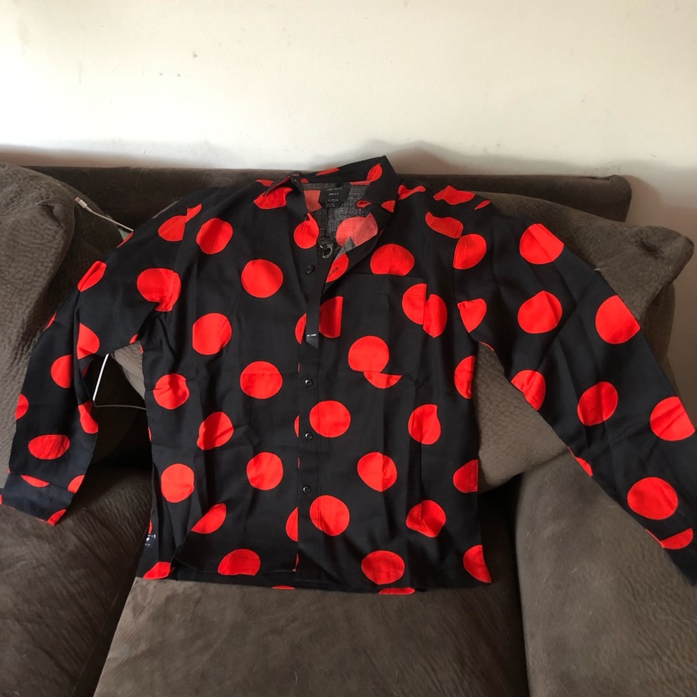 10 Deep Black with red polka dot button down.